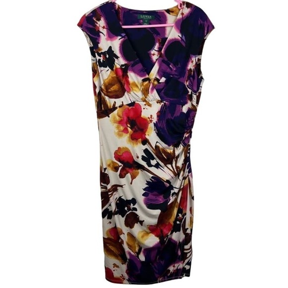 Lauren Ralph Lauren Multicolor Floral Print V Neck Ruched Wiggle Dress Size 12 - Picture 1 of 8